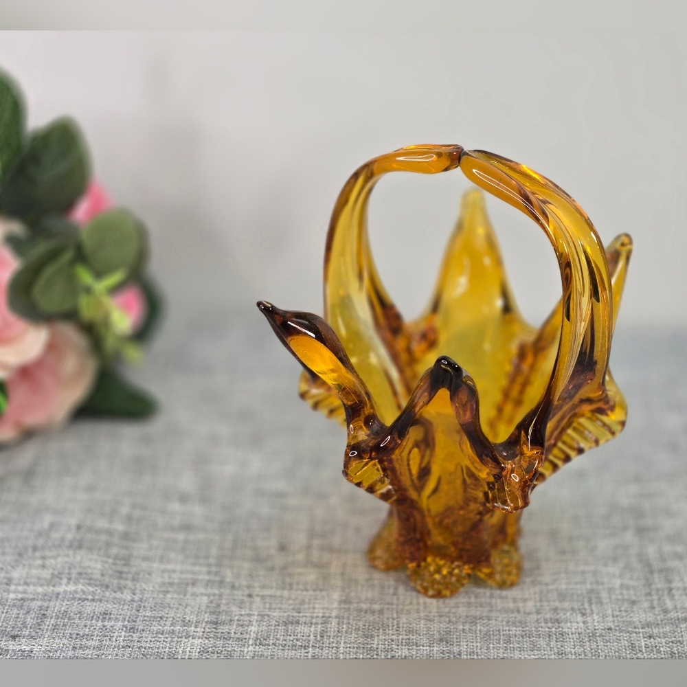 Vintage Chalet Art Glass Bonbonniere Basket Dish Amber 6.5" Made In Canada
